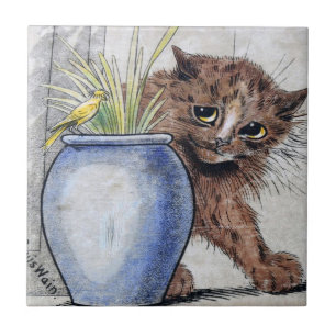 Azulejo De Cerâmica Gato e Pássaro Pequeno Amarelo, Louis Wain
