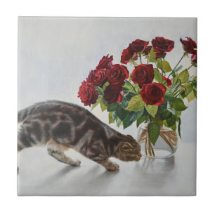 Azulejo De Cerâmica Gato e Rosas Vermelhas – Impressão de Pintura a Ól