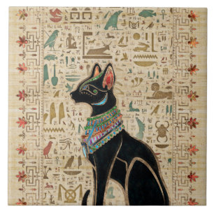 Azulejo De Cerâmica Gato Egípcio - Bastet sobre papiro