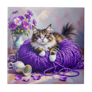 Azulejo De Cerâmica Gato em Fio de Roxo e Flores