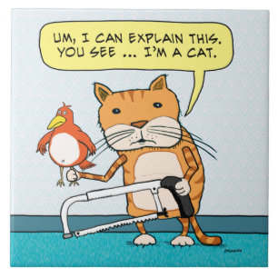 Azulejo De Cerâmica Gato engraçado com pássaro e serrote