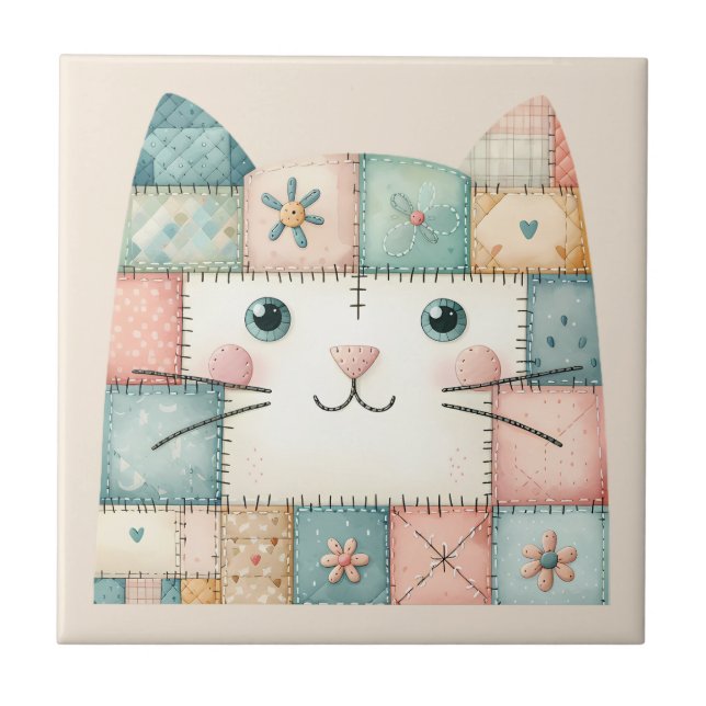 Azulejo De Cerâmica Gato Falso de Patchwork em Pastel (Frente)