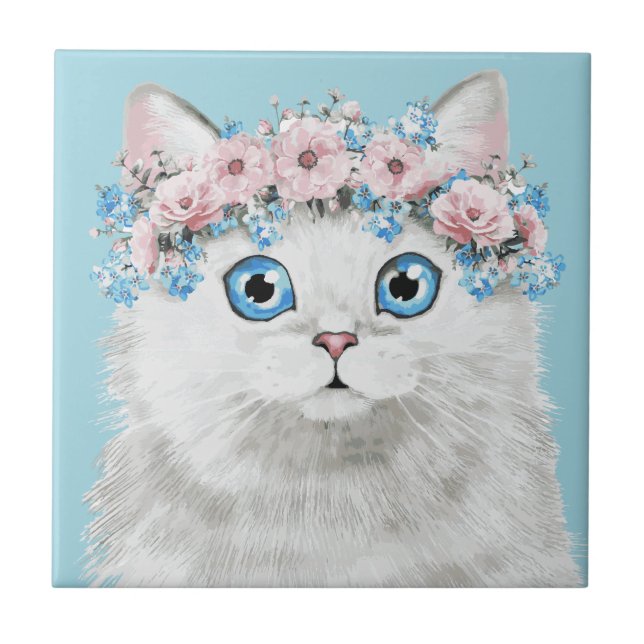 Azulejo De Cerâmica Gato floral branco doce (Frente)