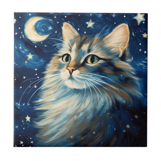 Azulejo De Cerâmica Gato fluffy arte à noite (Frente)