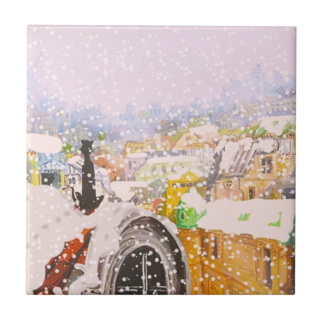 Azulejo De Cerâmica Gato francês no telhado (Frente)