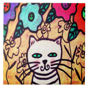Azulejo De Cerâmica Gato Funky com Flores Abstrato Art