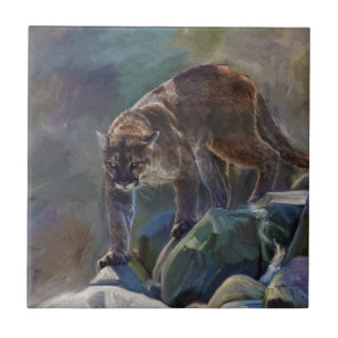 Azulejo De Cerâmica Gato grande de leão de montanha do puma que pinta