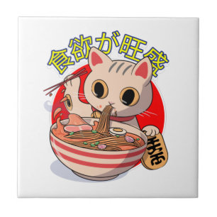 Azulejo De Cerâmica Gato Japonês Fofo Comendo Macarrão com Hashis