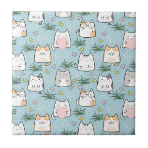 Azulejo De Cerâmica Gato Kawaii num fundo azul-céu