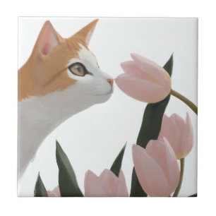 Azulejo De Cerâmica Gato Laranja Doce Tema de Primavera