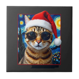 Azulejo De Cerâmica Gato Laranja Tabby Noite Estrelada Natal