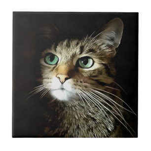 Azulejo De Cerâmica Gato Listrado Com Olhos Verdes Isolado Em Preto