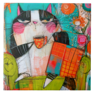 Azulejo De Cerâmica Gato Mal-Humorado Bebendo Café Na Poltrona
