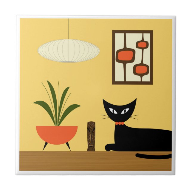 Azulejo De Cerâmica Gato meio século com Mod Pods em Amarelo (Frente)