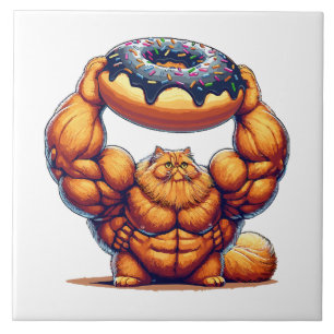 Azulejo De Cerâmica Gato Musculoso Levantando Donut