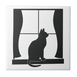 Azulejo De Cerâmica Gato na silhueta que senta-se na janela