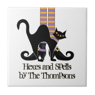 Azulejo De Cerâmica Gato Negro Bonito de Bruxas de Halloween
