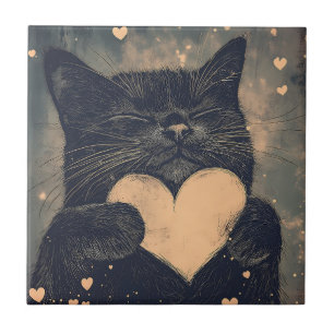 Azulejo De Cerâmica Gato Negro com Coração Ouro - Amor Louco de Gato