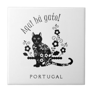 Azulejo De Cerâmica Gato negro com flores e expressão portuguesa