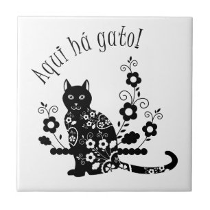 Azulejo De Cerâmica Gato negro com flores e expressão portuguesa