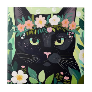 Azulejo De Cerâmica Gato negro com uma coroa floral