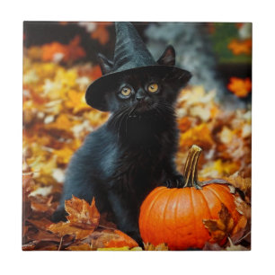Azulejo De Cerâmica Gato Negro e Abóbora do Halloween