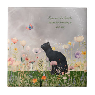 Azulejo De Cerâmica Gato Negro em Flores