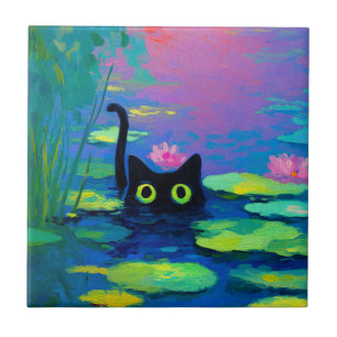 Azulejo De Cerâmica Gato Negro Engraçado Nadando Pond Quirky Art