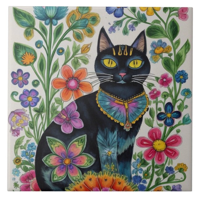 Azulejo De Cerâmica Gato negro, flores, borboletas, arte nativa (Frente)
