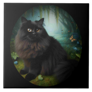 Azulejo De Cerâmica Gato Negro Fluffy na Mistura Woods
