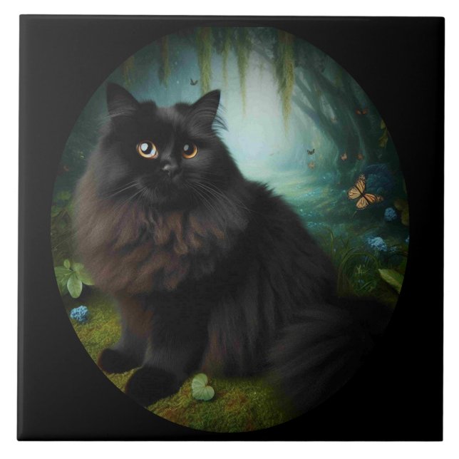 Azulejo De Cerâmica Gato Negro Fluffy na Mistura Woods (Frente)