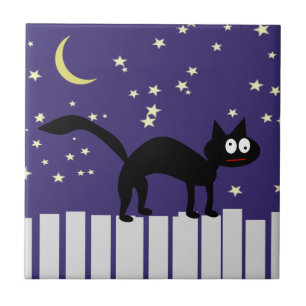 Azulejo De Cerâmica Gato Negro Halloween na Cerca