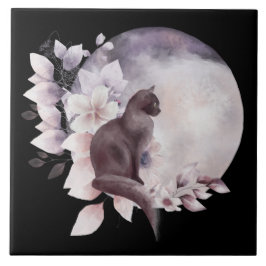 Azulejo De Cerâmica Gato Negro por uma Lua Mágica Cheia