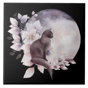 Azulejo De Cerâmica Gato Negro por uma Lua Mágica Cheia