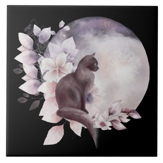 Azulejo De Cerâmica Gato Negro por uma Lua Mágica Cheia (Frente)