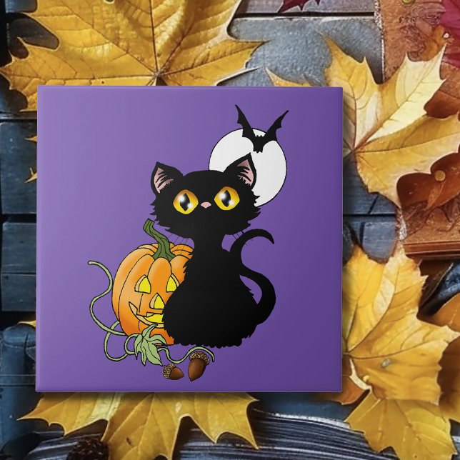 Azulejo De Cerâmica Gato Negro Puro de Abóbora de Halloween (Criador carregado)