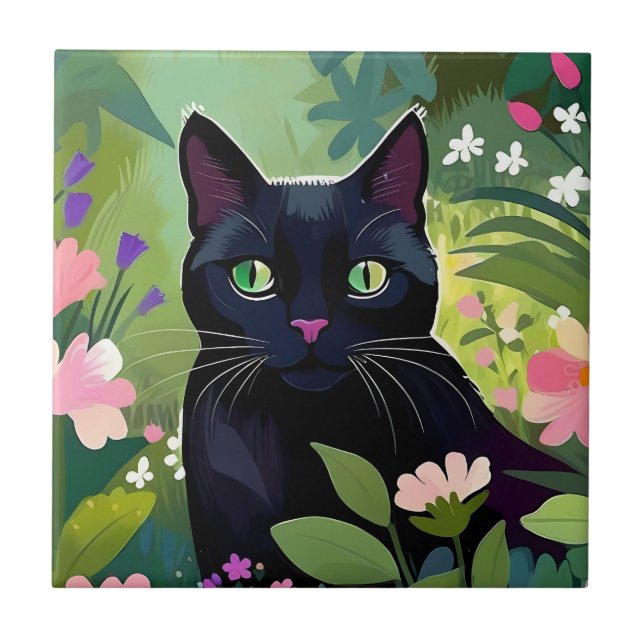 Azulejo De Cerâmica Gato negro sentado num campo de flores (Frente)