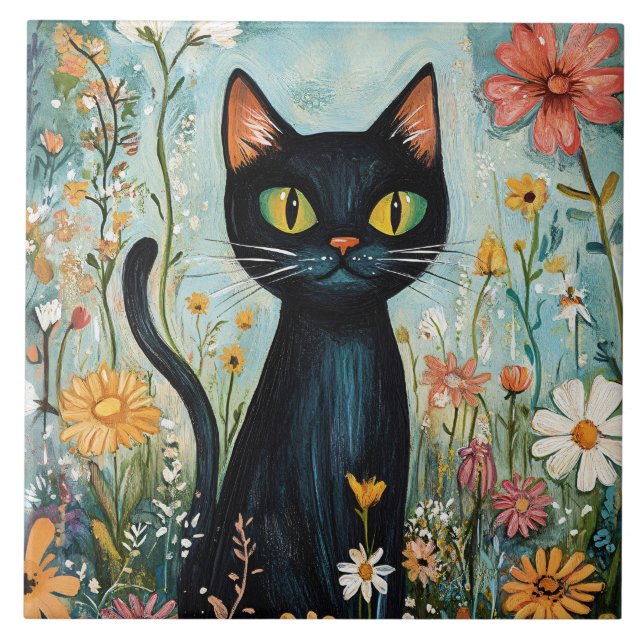 Azulejo De Cerâmica Gato Negro Whimsical com Ilustração de Flores Selv (Frente)