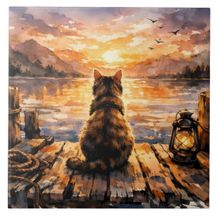 Azulejo De Cerâmica Gato no Cais ao Pôr do Sol