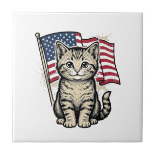 Azulejo De Cerâmica Gato Patriótico com Vetor Vintage de Bandeira Amer