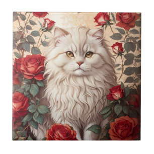 Azulejo De Cerâmica Gato Persa Elegante Vintage com Rosas