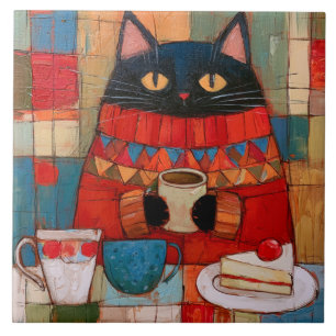 Azulejo De Cerâmica Gato Preto Aconchegante Bebendo Café No Café