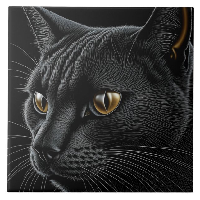 Azulejo De Cerâmica Gato preto AI com olhos amarelos (Frente)