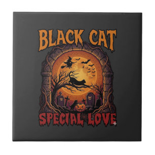 Azulejo De Cerâmica Gato Preto Amor Especial Halloween Lua Bruxa Abóbo
