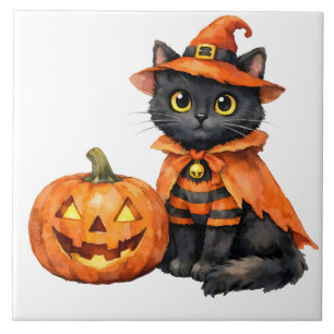 Azulejo De Cerâmica Gato preto aquarela em fantasia de Halloween