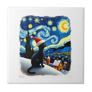 Azulejo De Cerâmica Gato Preto com Chapéu de Papai Noel Noturno Festiv