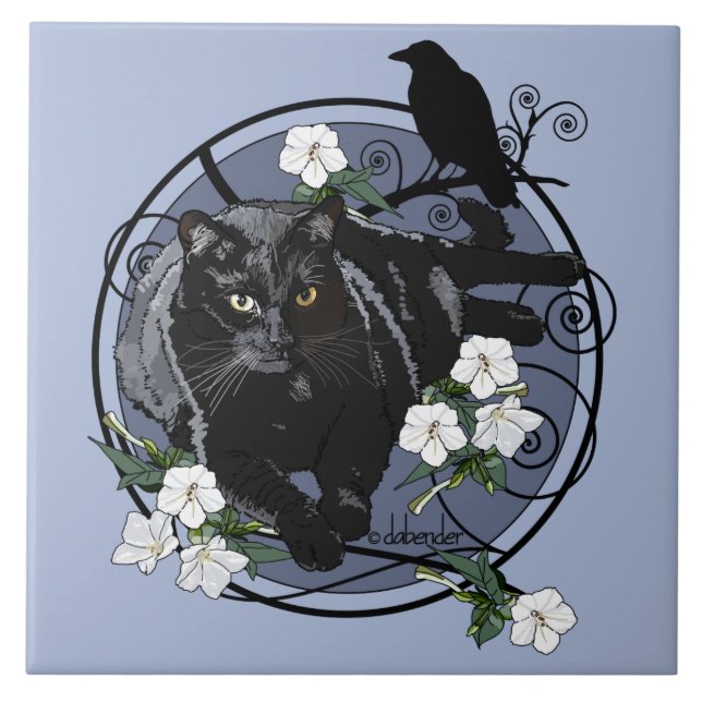 Azulejo De Cerâmica Gato preto com corvo (Frente)