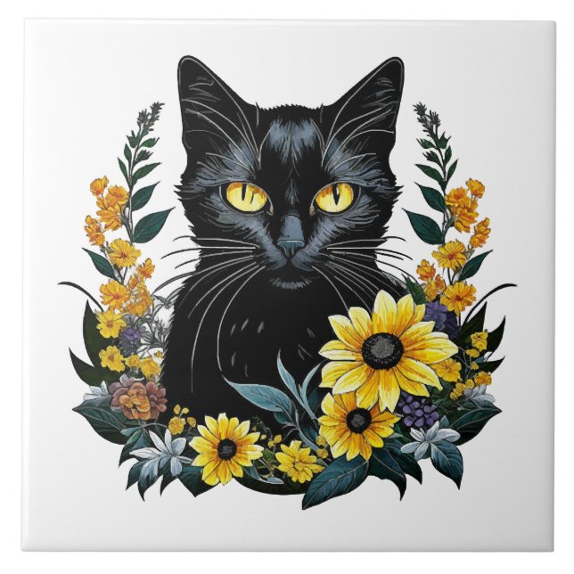 Azulejo De Cerâmica gato preto com flores (Frente)