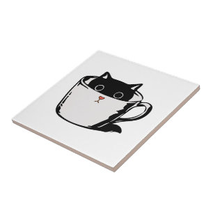 Azulejo De Cerâmica Gato preto com nariz vermelho escondido em um copo