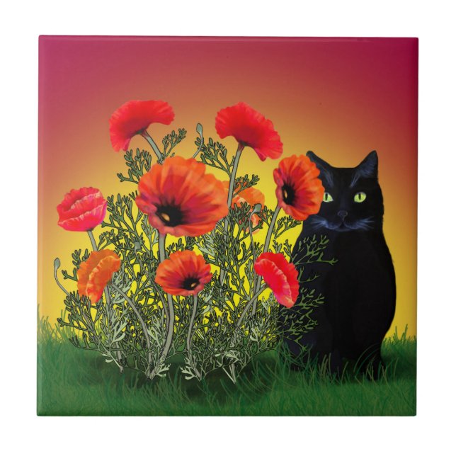 Azulejo De Cerâmica Gato Preto com Poppies (Frente)